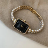 Silver Black Square Pearl Bracelet Diamond Fashion Quartz Watch - Show Gadgets
